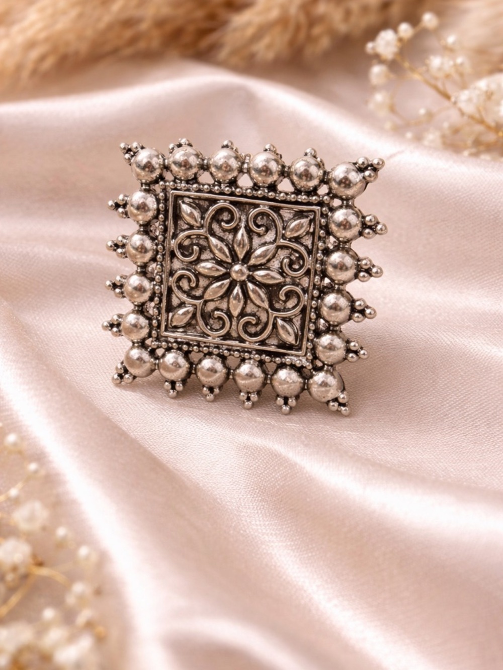 Boho Statement Ring Silver Tone Floral Square Adjustable